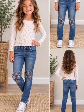 Squeeze Girls Jeans Size 7 Blue Embroidered Owl Sequin Skinny Denim Pants
